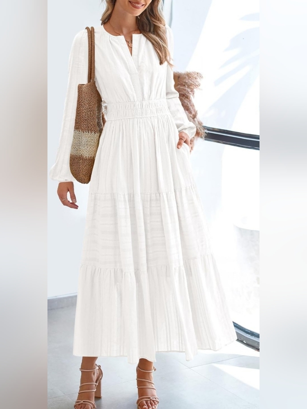 BTFBM Women’s White Long Sleeve Smocked Waist Maxi Dress M